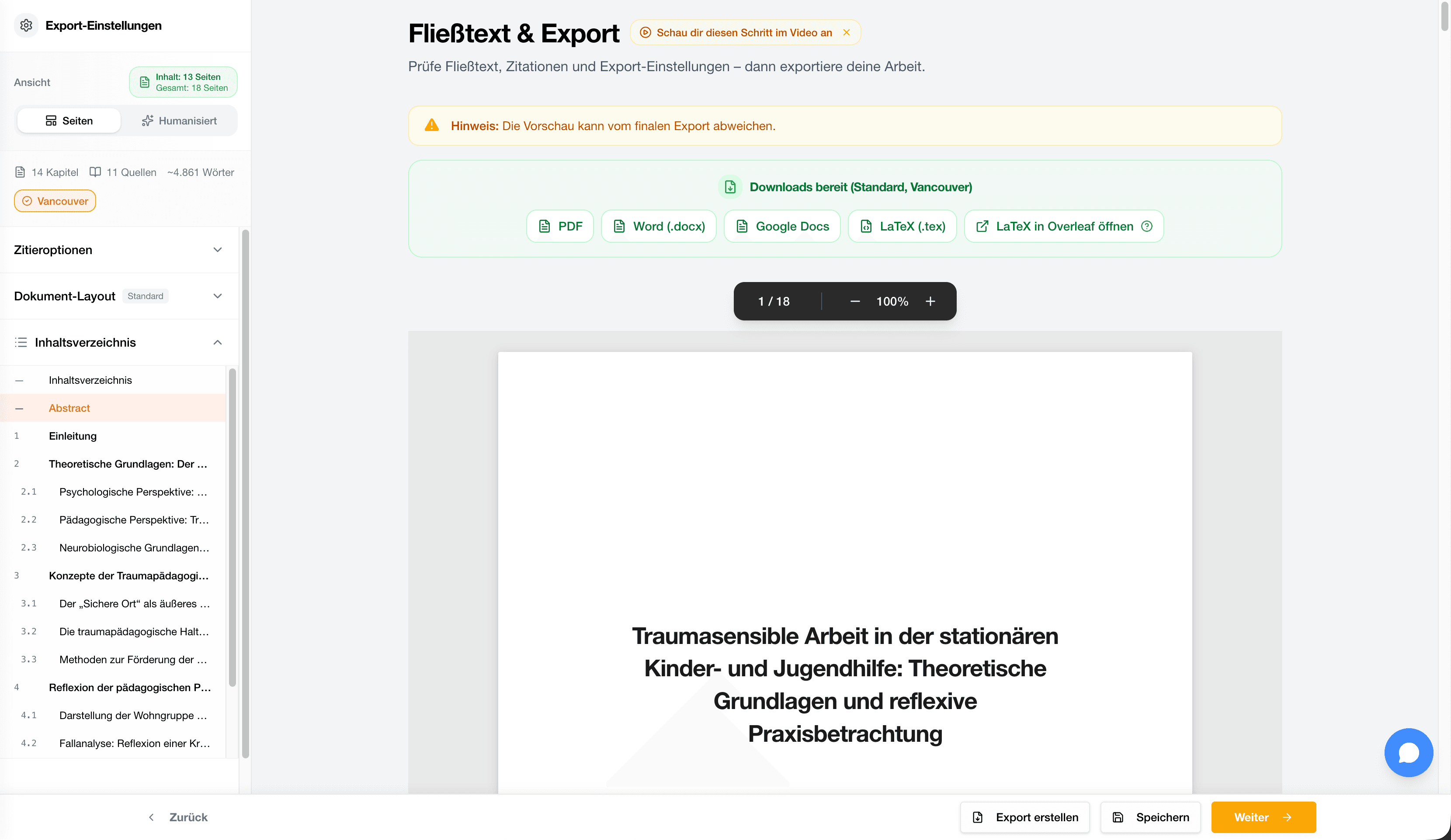 StudyTexter Ansicht für Fließtext, Literaturverzeichnis und Zusatzdateien