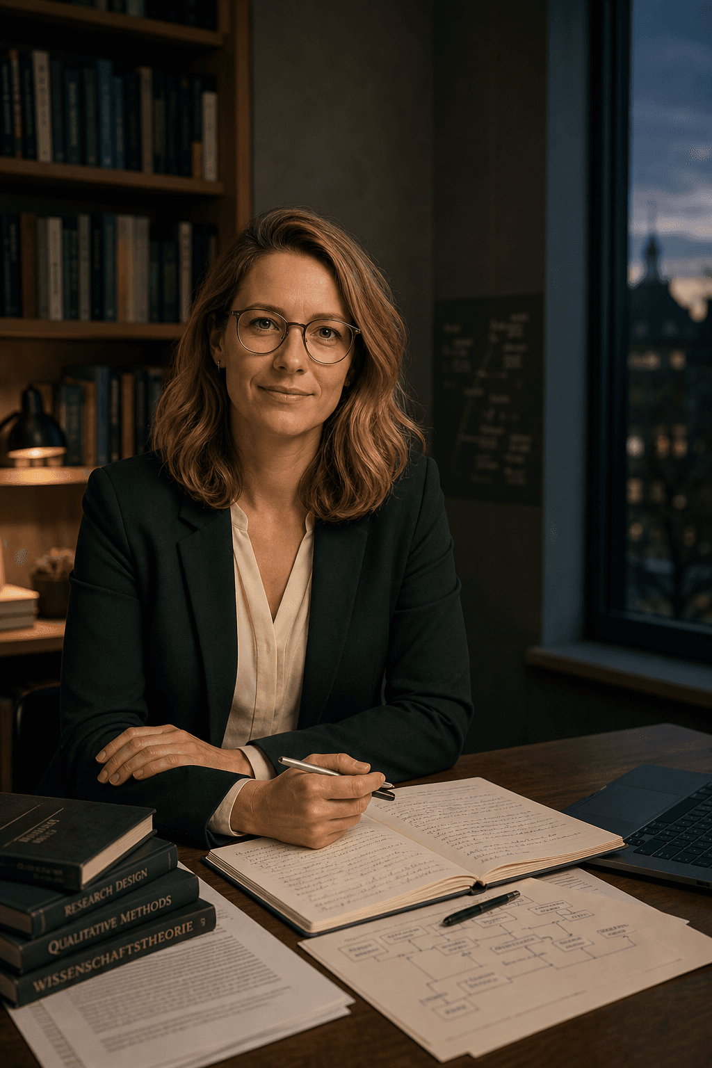Mara Lindner in einem ruhigen Arbeitszimmer mit Quellen, Notizen und Methodikskizzen